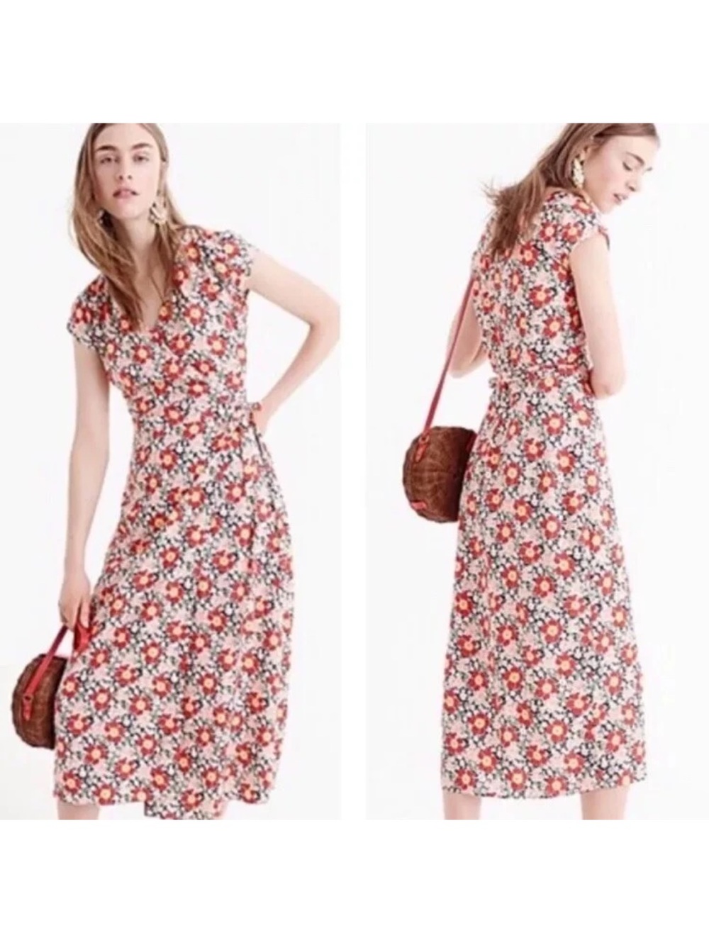 J CREW Floral Wrap Midi Dress Medium Red Yellow Cottagecore Cotton Preppy Travel - Picture 2 of 6